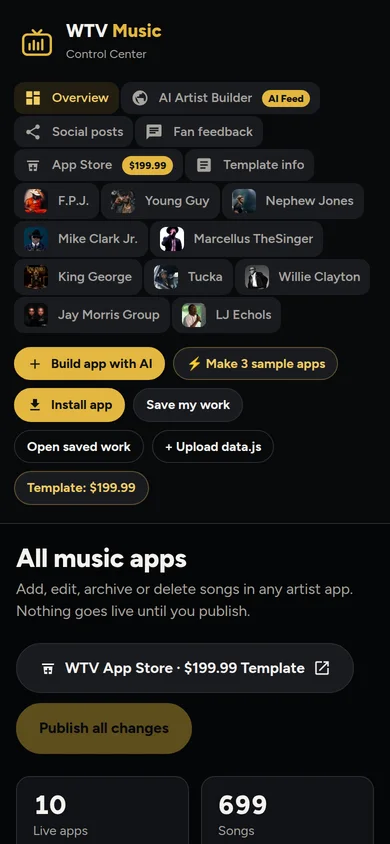 WTV Music Control Center on a phone